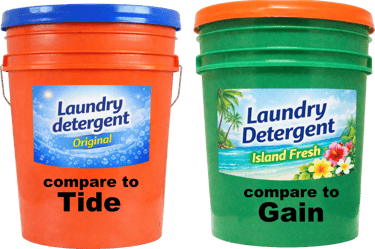 Orange and green bulk laundry detergent buckets compared to Tide and Gain brands.