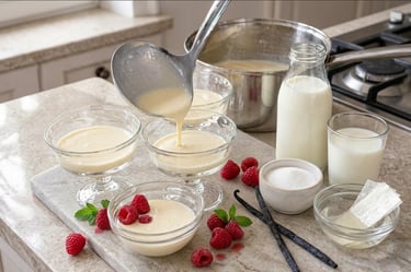 A metal ladle pours creamy homemade vanilla panna cotta into glass dessert bowls with raspberries.