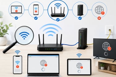 Router and modem setup showing devices connected to Wi-Fi but no internet, with warning icons on phone, laptop, tablet, TV