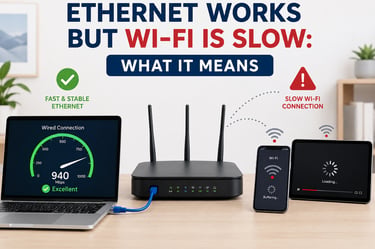 Router showing fast Ethernet on a wired laptop while phone and tablet show slow Wi-Fi connection warnings.