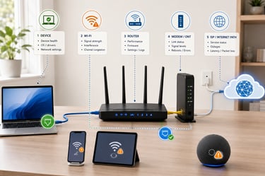 Home network diagram showing random internet drops checked across Wi-Fi, Ethernet, router, modem, ONT, and ISP path.