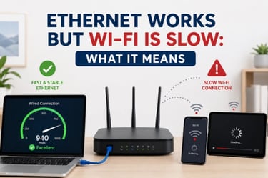 Router showing fast Ethernet on a wired laptop while phone and tablet show slow Wi-Fi connection warnings.
