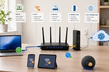 Home network diagram showing random internet drops checked across Wi-Fi, Ethernet, router, modem, ONT, and ISP path.