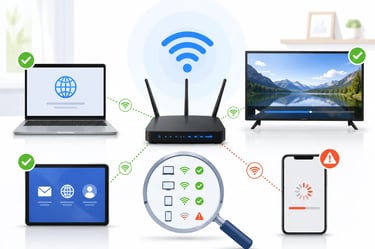 Home router with laptop, tablet, and TV working on Wi-Fi while one phone shows a slow connection warning during testing.