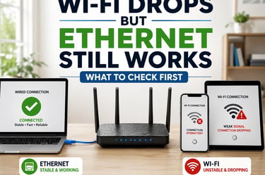 Home router with Ethernet laptop showing a stable connection while phone and tablet show weak or dropping Wi-Fi.