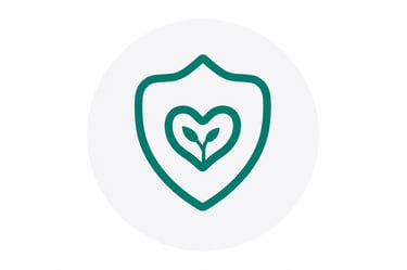 Green shield icon with a heart and plant sprout representing environmental protection and growth.