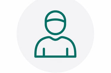 Minimalist teal profile icon of a person wearing a cap on a white circular background.