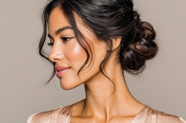 Elegante chongo bajo para invitada de boda con mechones suaves sueltos