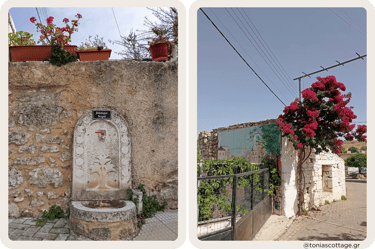 Natural spring in Alagni Village with drinking water, stone houses, and vibrant flowers