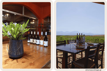 Lyrarakis Winery in Crete, with a table set for lunch in the vineyard and bottles of wine