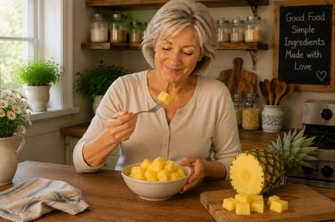 A smiling senior woman enjoying a bowl of fresh, healthy pineapple chunks in a rustic kitchen.