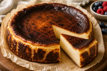 Creamy homemade Basque burnt cheesecake with a caramelized dark top and a slice cut out on parchment paper.