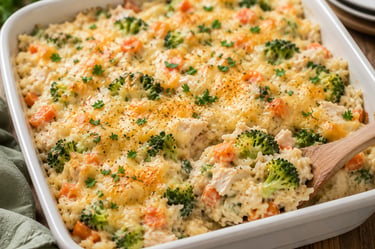 Cheesy chicken and rice casserole with broccoli and carrots in a white baking dish.