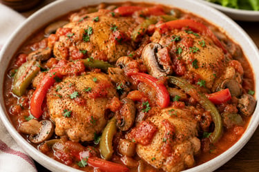 Homemade chicken cacciatore with bell peppers, mushrooms, and tomato sauce in a white bowl.