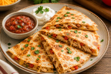 Golden chicken quesadilla sliced into wedges with salsa.