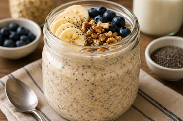 A glass jar of healthy overnight oats topped with fresh banana slices, blueberries, walnuts, and chia seeds.