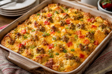 Sausage and egg breakfast casserole with melted cheddar cheese and green onions in a baking dish.