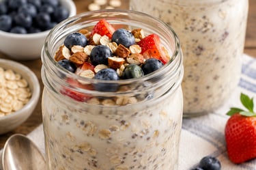 Healthy overnight oats in glass jars topped with fresh blueberries, strawberries, and almonds.