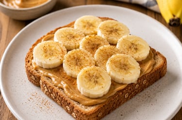 Peanut butter banana toast on whole grain bread sprinkled with cinnamon on a white plate.