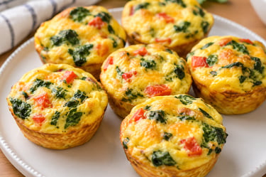 Freshly baked healthy egg muffins with spinach and red peppers served on a white plate.