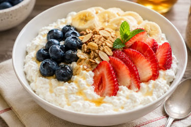 Whipped cottage cheese bowl topped with fresh mixed fruit.