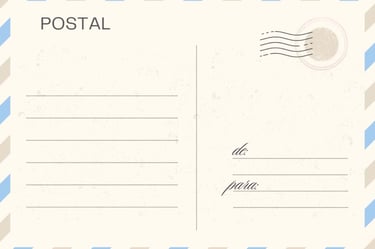 Tarjeta postal con sello de correos y review de cliente