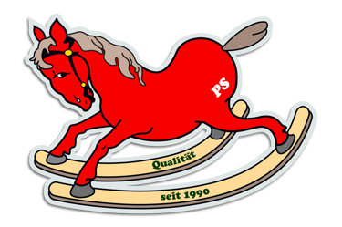 a red rocking horse with white initials PS