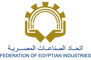 شعار اتحاد الصناعات المصرية: كفّان متقابلان يكوّنان قوسًا تتوسطه ترس ذهبي، وأسفل الشعار نص عربي «اتح