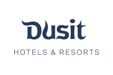 Dusit Hotels and Resorts official blue brand logo on a solid black background.
