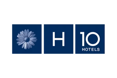 Official H10 Hotels logo featuring a white daisy and H10 text in blue squares on a black background.