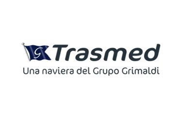 Trasmed logo for Grimaldi Group shipping company featuring a blue nautical flag icon.