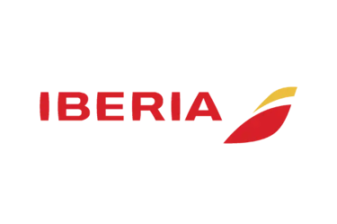 Iberia Airlines logo featuring red text and a yellow and red wing symbol on a black background.