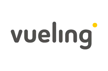 Vueling Airlines official logo featuring gray lowercase text and a yellow dot on a black background.