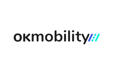 OK Mobility logo featuring dark grey lowercase text and a blue graphic on a black background.