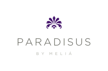 Paradisus by Melia luxury hotel logo featuring a purple fan emblem on a black background.