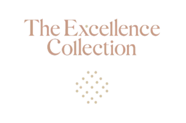Luxury The Excellence Collection logo in gold serif font with a diamond dot pattern on a black background.