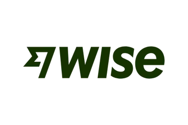 Wise brand logo with dark green text and fast flag icon on a black background.
