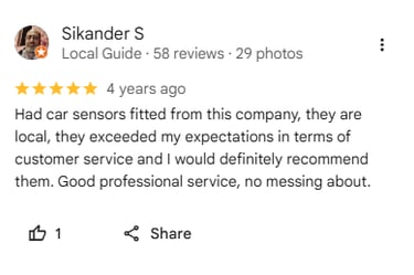 Customer review praising Starmo Auto Electrics for excellent service and car sensors fitting