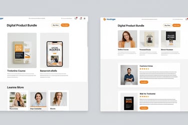 Mock-up of an e-commerce store page on Hostinger, featuring a digital course and ebook bundle.