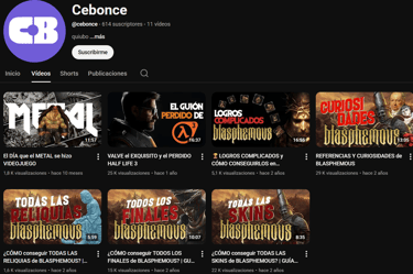 captura de pantalla del canal "Cebonce" donde se muestran 7 videos de larga duración.