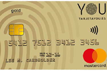 Gold Tarjeta YOU Mastercard with contactless chip and fingerprint design for secure online payments.