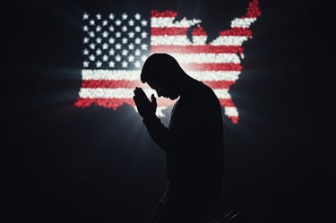man praying in front of the US flag!