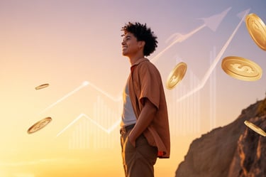 Person by coins symbolizing financial success, online business, and investment profits