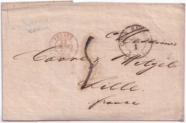 1863, lettre en port dû de COLOGNE à LILLE.