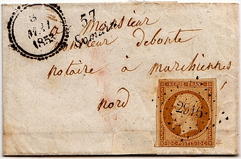 1853: Brief von SOMAIN nach MARCHIENNES, frankiert mit einer 10-Centimes-Marke "Présidence".