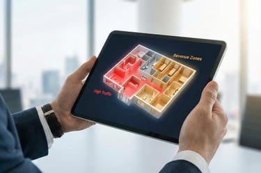 Digital feasibility model analyzing spa floor plan efficiency and revenue potential.