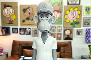 Bored Ape Yacht Club collectible figure wearing a captain hat and smoking a cigar.