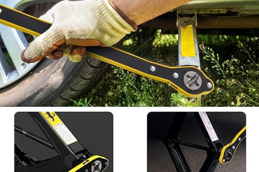 a man holding a car jack wrench