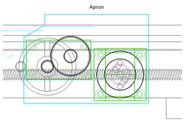Drawing the the apron showing handwheel and half-nut mechanism