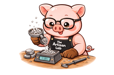 The Artisan Lab Designs mascot Milo is measuring the silver with a scale